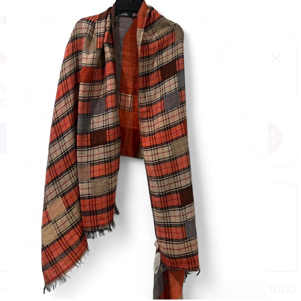 Orange and Gray Tartan Scarf with Fringe